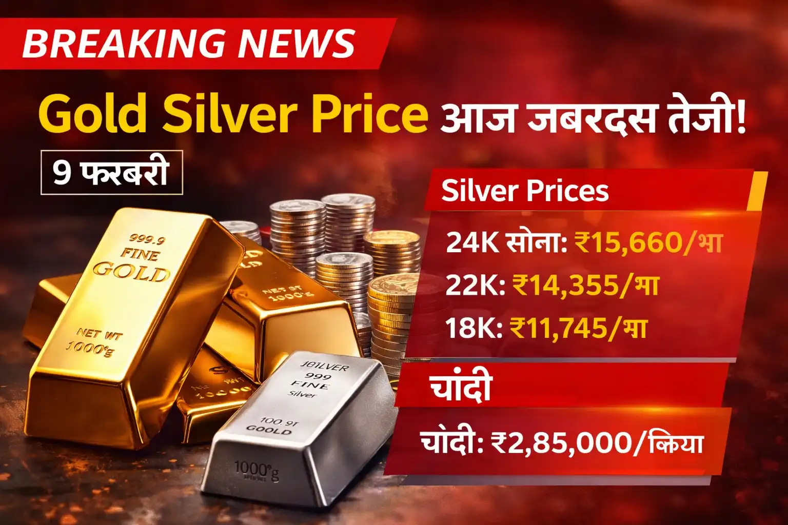 Gold Silver Price Today 9 February: सोने की कीमतों में जोरदार उछाल, चांदी के दाम भी बढ़े, दिल्ली-मुंबई-कोलकाता-चेन्नई के ताज़ा रेट देखें