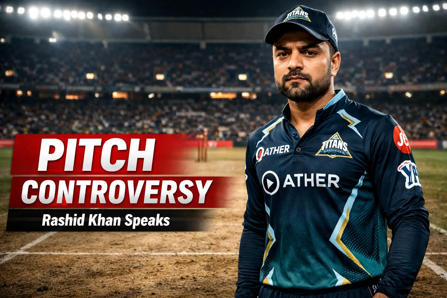 Rashid Khan अहमदाबाद क्रिकेट स्टेडियम की पिच पर खड़े हुए, पिच विवाद के बीच गंभीर भाव के साथ, बैकग्राउंड में रोशनी से जगमगाता स्टेडियम और “Pitch Controversy” ब्रेकिंग न्यूज़ टेक्स्ट दिखाई देता हुआ।