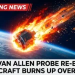 NASA Van Allen Probe A satellite re-entering Earth's atmosphere in 2026 with burning debris trail