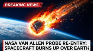 NASA Van Allen Probe A satellite re-entering Earth's atmosphere in 2026 with burning debris trail