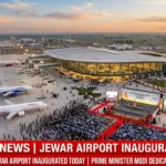 jewar airport inauguration today के दौरान नोएडा इंटरनेशनल एयरपोर्ट का एरियल व्यू, आधुनिक टर्मिनल और रनवे के साथ उद्घाटन समारोह का दृश्य