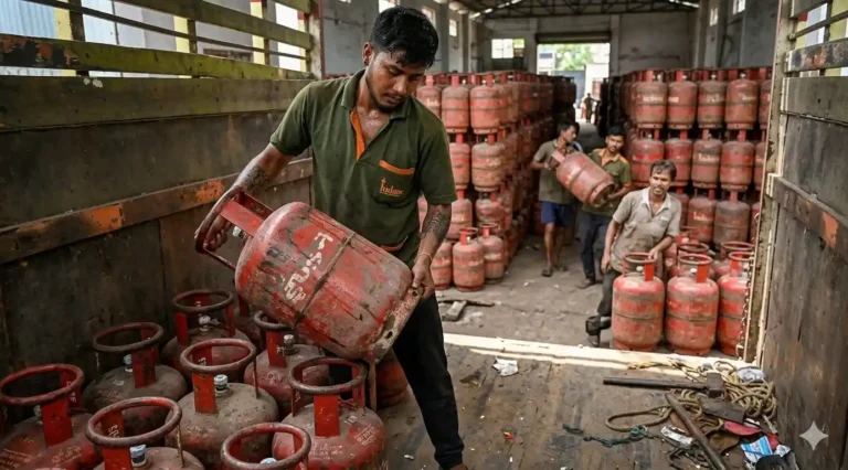 LPG CLYINDER PRICE HIKED DESPITE भारत में LPG सिलेंडर की कीमत बढ़ने के बाद गैस सिलेंडर लोड करता कर्मचारी
