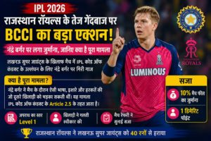 Rajasthan Royals के तेज गेंदबाज Nandre Burger की IPL 2026 मैच के दौरान तस्वीर, जिसमें BCCI द्वारा लगाए गए जुर्माने और सजा की जानकारी दिखाई गई है