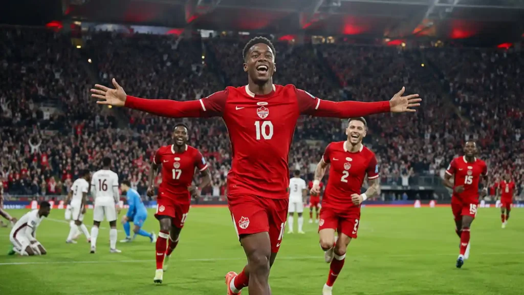 Canada vs Qatar FIFA World Cup 2026 Match Update showing Jonathan David celebrating after scoring during Canada's historic 6-0 victory over Qatar