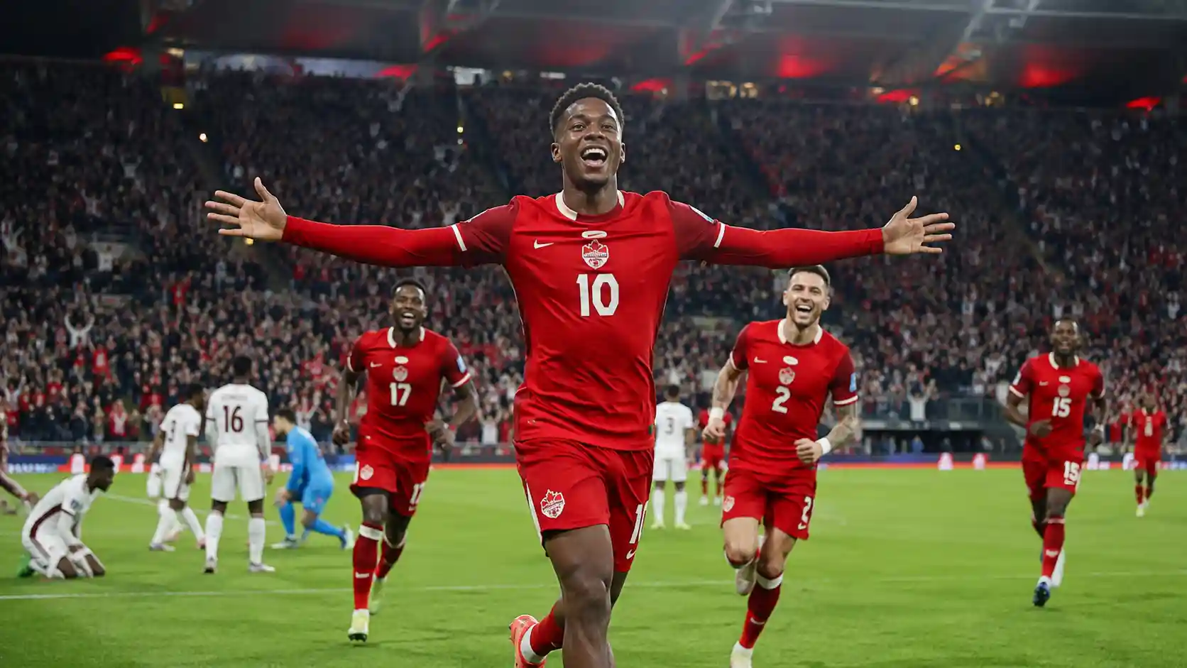 Canada vs Qatar FIFA World Cup 2026 Match Update showing Jonathan David celebrating after scoring during Canada's historic 6-0 victory over Qatar