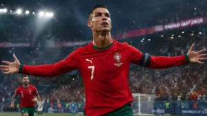 Cristiano Ronaldo Statement in FIFA World Cup 2026 में गोल दागने के बाद पुर्तगाल की जर्सी में आलोचकों को चुप होने का इशारा करते हुए क्रिस्टियानो रोनाल्डो