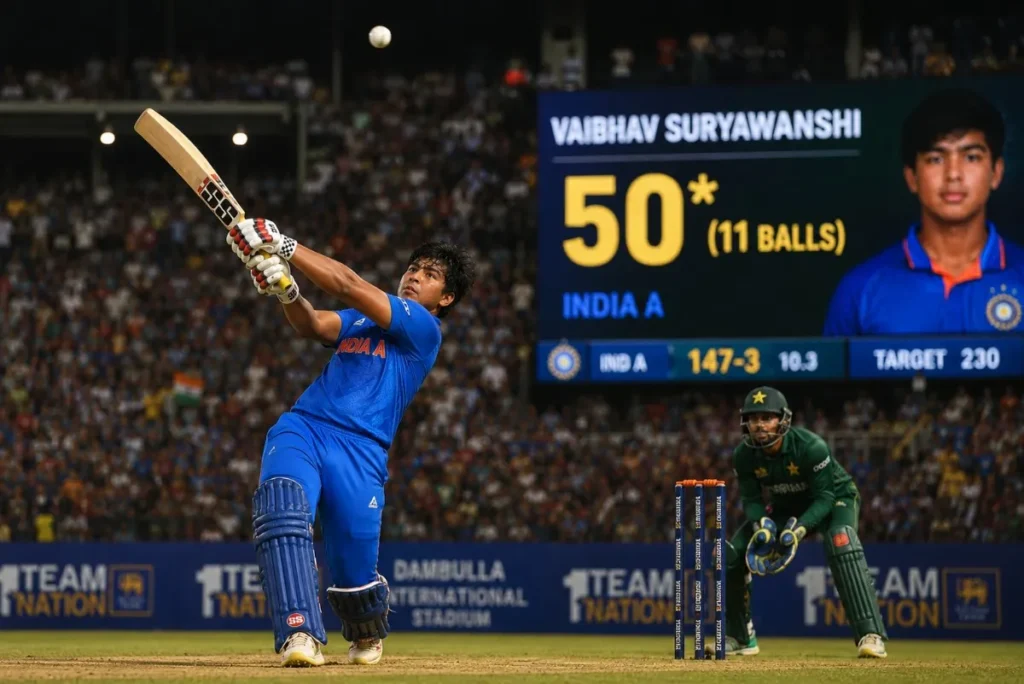 Vaibhav Suryawanshi celebrating his historic fastest List-A fifty against Sri Lanka A in the tri-series final.