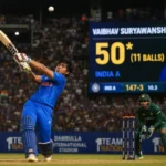 Vaibhav Suryawanshi celebrating his historic fastest List-A fifty against Sri Lanka A in the tri-series final.