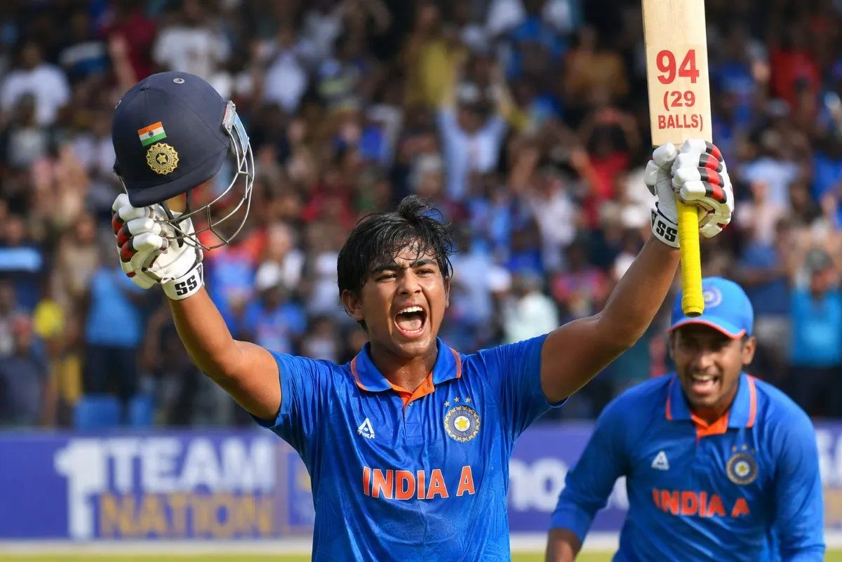 Indian youth cricketer Vaibhav Suryawanshi hitting a massive six to complete his 11-ball fifty in Dambulla.