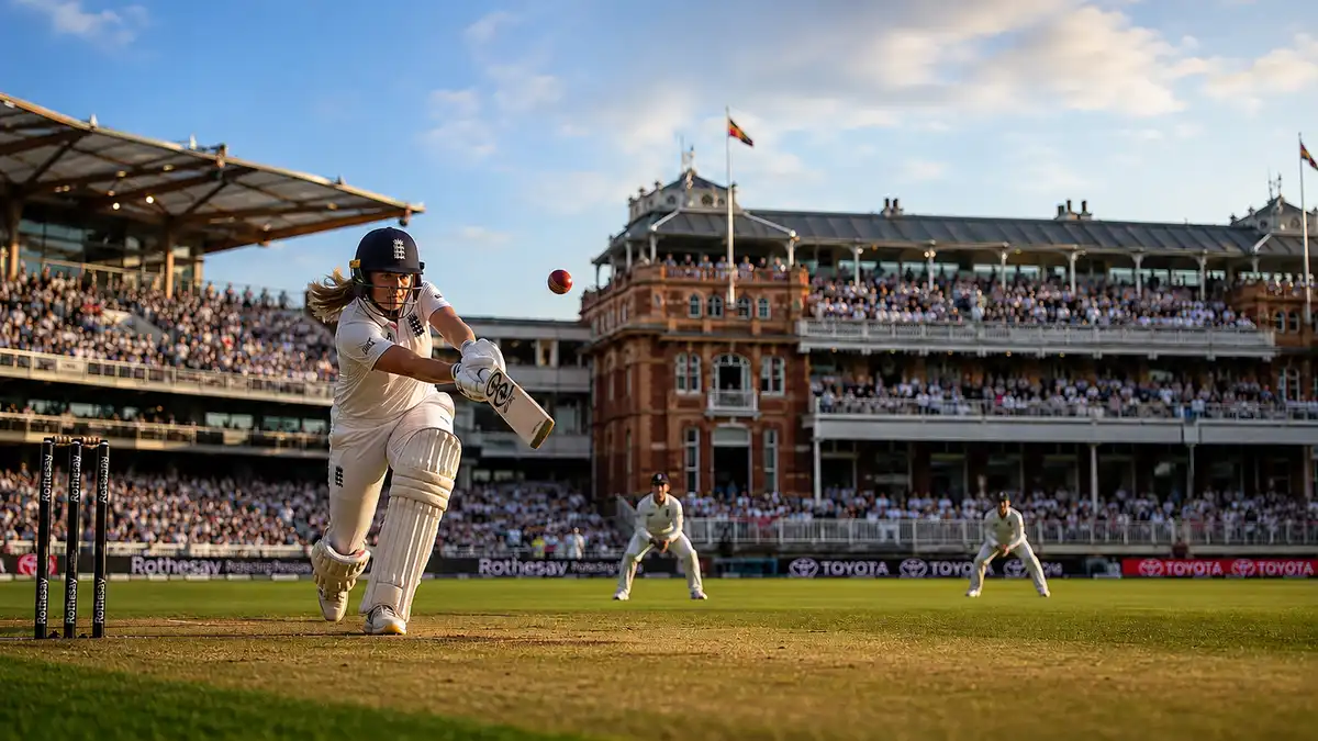 Smriti Mandhana plays a cover drive during the first-ever Lord's Women's Test between India and England, 2026