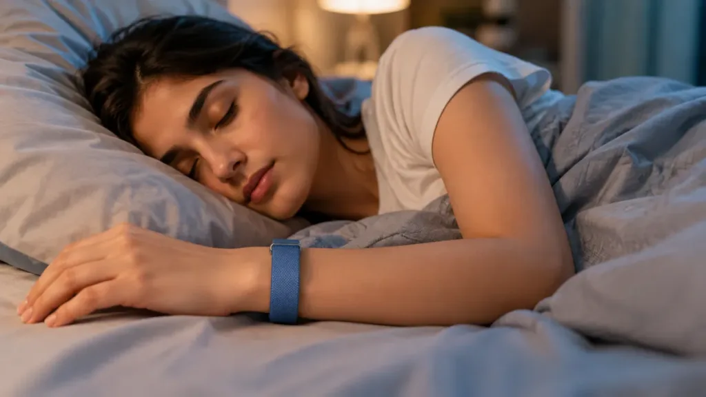 Google Fitbit Air fitness tracker worn by a woman while sleeping