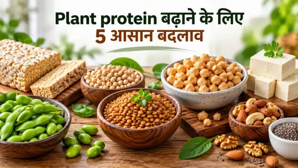 Plant based foods high in protein जैसे सोयाबीन, टेम्पेह, दाल, चना और टोफू