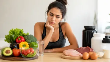Too Much Protein के संकेत दिखाती महिला, healthy food और high protein foods के बीच सोचती हुई