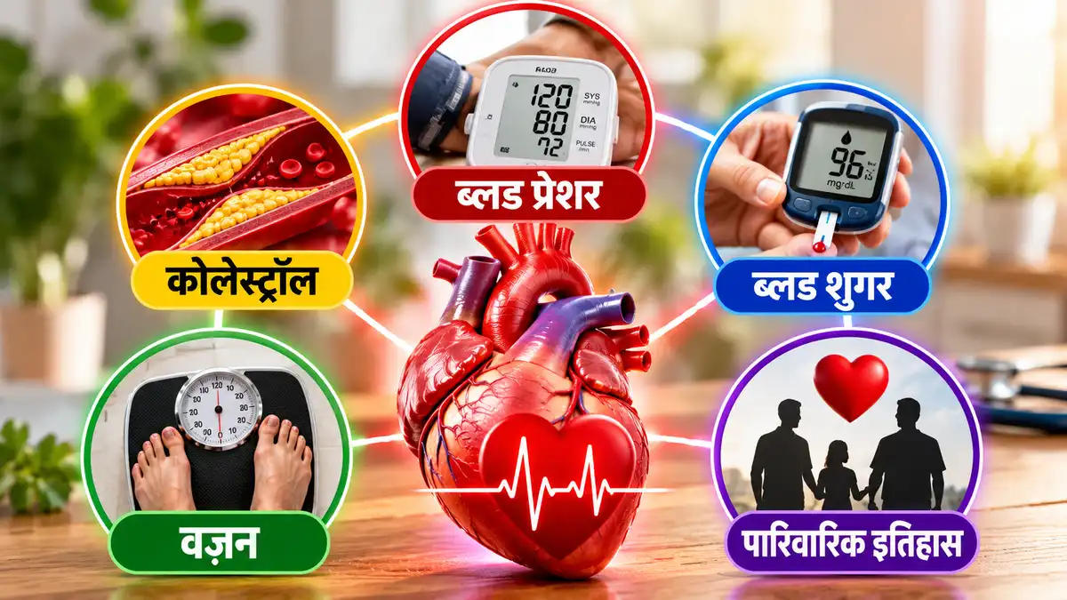 हृदय स्वास्थ्य के लिए ब्लड प्रेशर, कोलेस्ट्रॉल, ब्लड शुगर, वजन और पारिवारिक इतिहास दिखाती इमेज