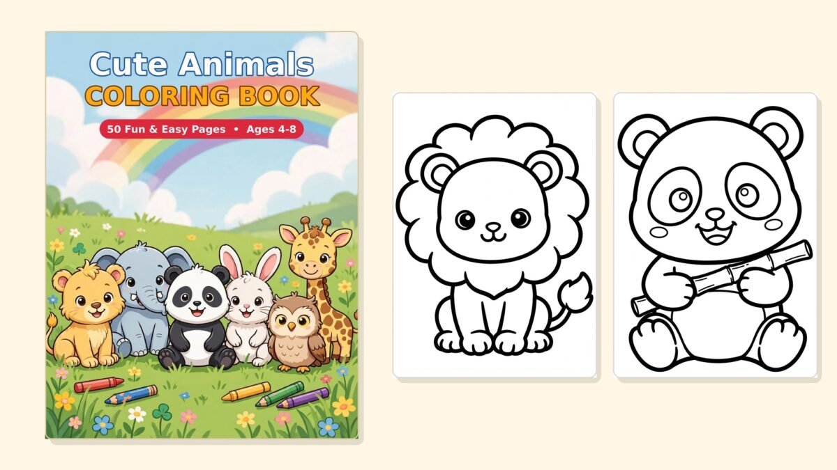 Cute Animals Coloring Book for Kids Ages 4-8 cover and sample pages by Rakesh Kumar