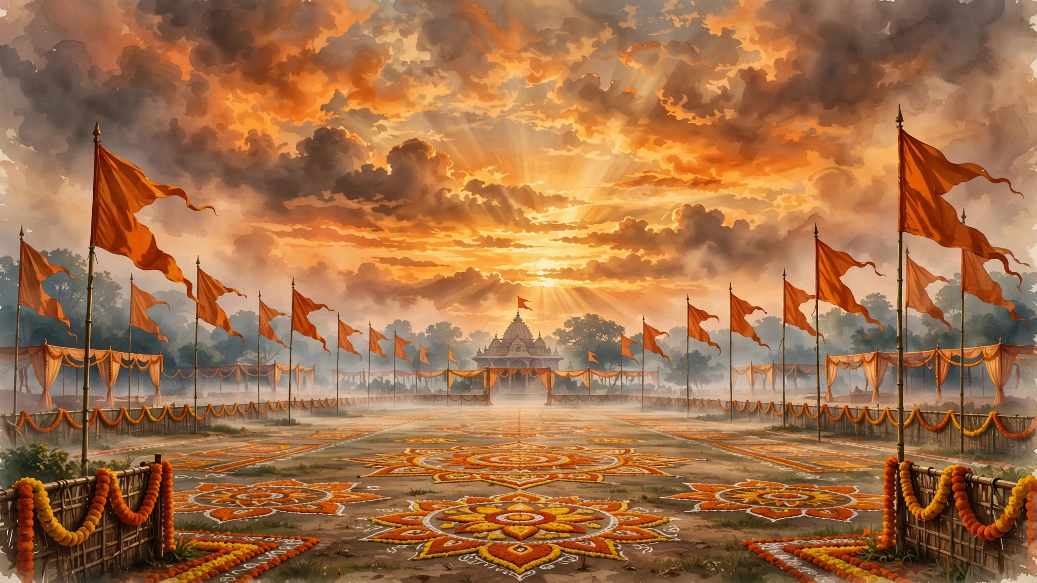 Mohan Bhagwat Vijayadashami speech के लिए प्रतीकात्मक फोटो — भोर में भगवा ध्वज, कोई चेहरा नहीं