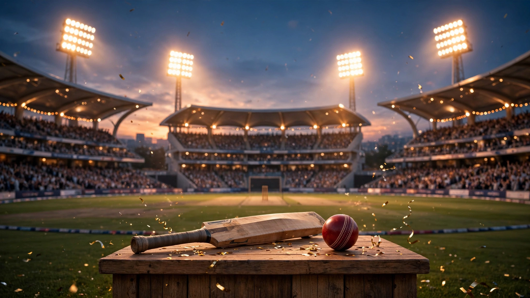 IPL 2027 ऑक्शन के लिए स्टेडियम में पोडियम पर बल्ला और गेंद (प्रतीकात्मक फोटो)