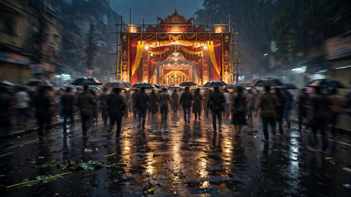 कोलकाता दुर्गा पंडाल भगदड़ — रात में बारिश के बीच भीड़ (प्रतीकात्मक फोटो)