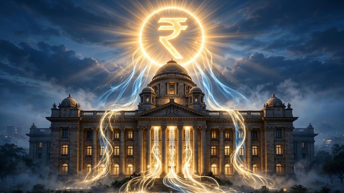 RBI VRR auction — चमकते रुपये के प्रतीक के नीचे रिजर्व बैंक भवन (प्रतीकात्मक फोटो)