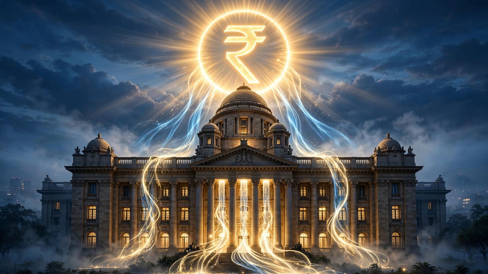 RBI VRR auction — चमकते रुपये के प्रतीक के नीचे रिजर्व बैंक भवन (प्रतीकात्मक फोटो)